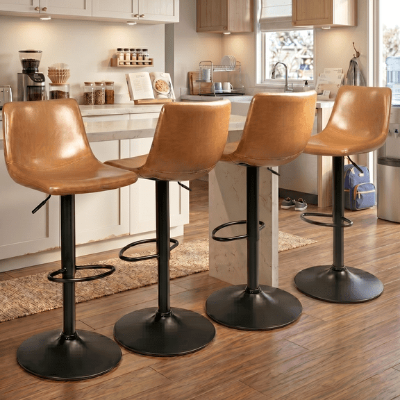 Waleaf Set of 4 Modern Swivel PU Leather Bar Stools, Adjustable Height Kitchen Counter Height Chairs with Back and Footrest, PU Leather Upholstered Dining Chairs for Kitchen Island