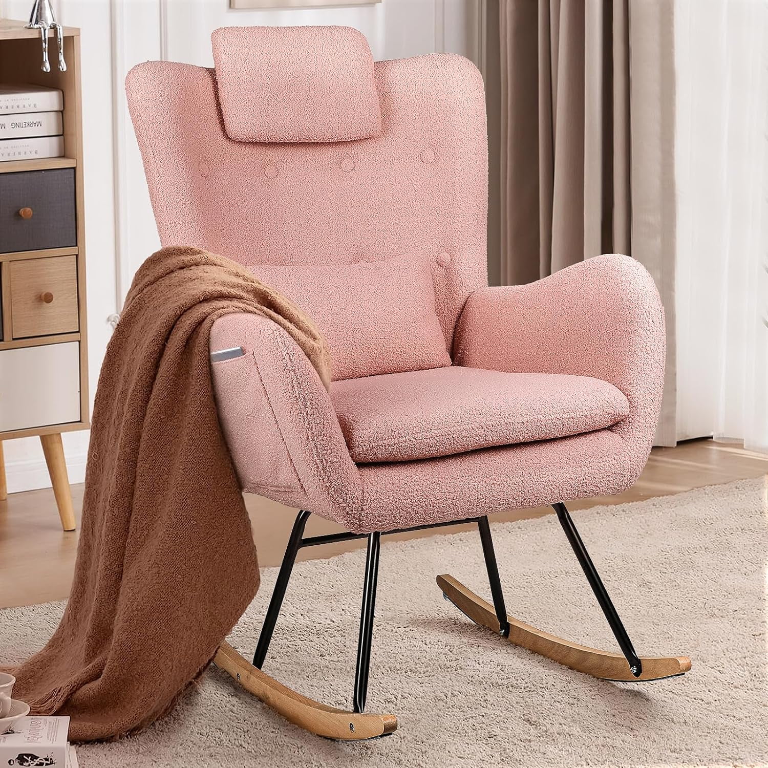 Waleaf Teddy Fabric Nursery Rocking Chair with Side Pocket, High
