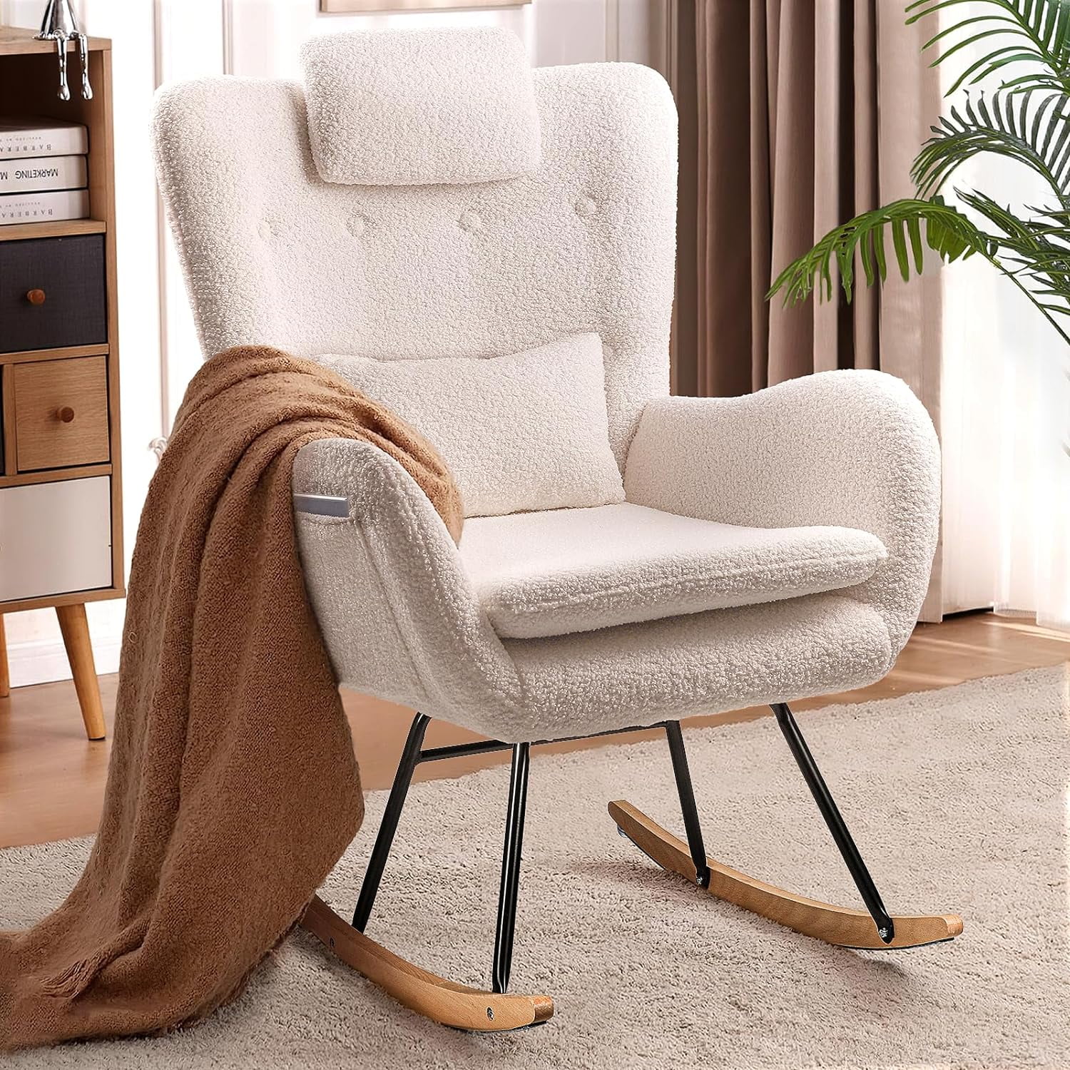 Teddy Fabric Seat Rocking Chair with High Backrest and Armrests Corrigan Studio Upholstery Color: Beige