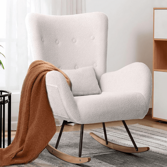 Waleaf Teddy Indoor Upholstered Padded Seat Rocking Chai (Ivory White)