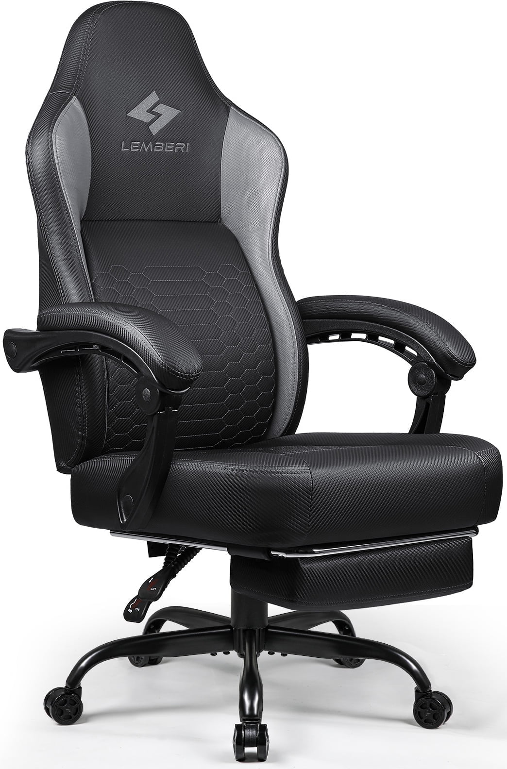 Lemberi Large Black and Gray PU Leather Gaming Chair with Footrest