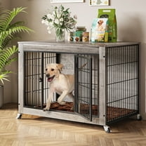 Waleaf Wooden Dog Crate Furniture with Cushion, Double Doors Wooden Dog Kennel Indoor with Wheels
