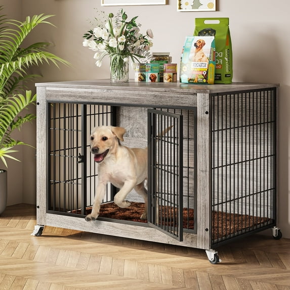 Waleaf Wooden Dog Crate Furniture with Cushion, Double Doors Wooden Dog Kennel Indoor with Wheels