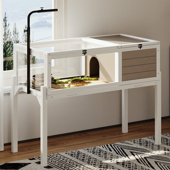 Waleaf Tortoise Habitat with Adjustable Lamp Holder, Turtle Enclosure Indoor/Outdoor, Wooden House for Small Animals, Large Reptile Terrarium Table with Detachable Legs (New White)