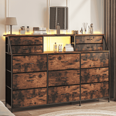 Waleaf 70"W Closet Dresser for Bedroom,Rustic Dresser with 13 Large Fabric Drawers and 2 Open Shelves,Metal Frame & Wooden Top