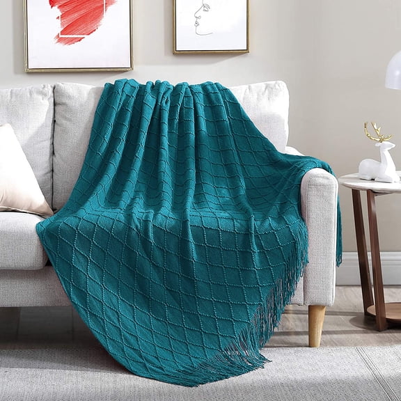 Walensee 100% Acrylic Knit Throw Blanket for Couch, 50" x 60", Teal, Machine Washable