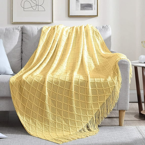Walensee 100% Acrylic Knit Throw Blanket for Couch, 60" x 80", Mustard, Machine Washable