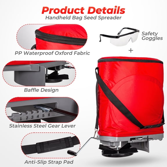 Walensee 25 lb Handheld Seed Spreader  Adjustable Flow, Shoulder Strap & Safety Goggles Included, for Grass Seed, Fertilizer & Ice Melt, Red