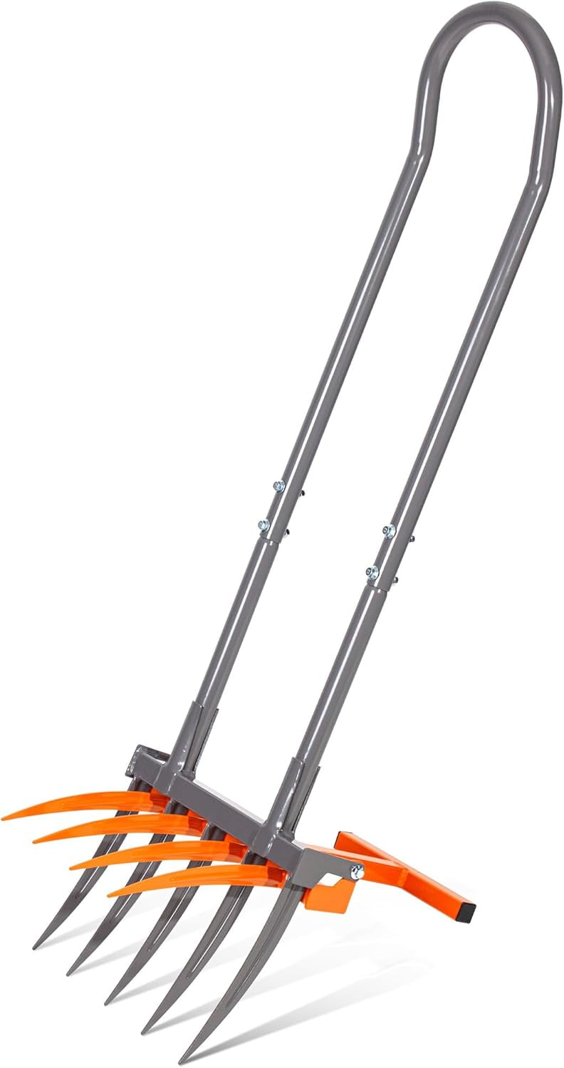 Walensee Broad Fork Tool, Cultivator Tiller Manual Hand Tiller with 9 Tines for Digging and Crushing Soil, 2-in-1 Garden Pitchfork with Sturable U-Shaped Handle for Composting, Spading and Farming