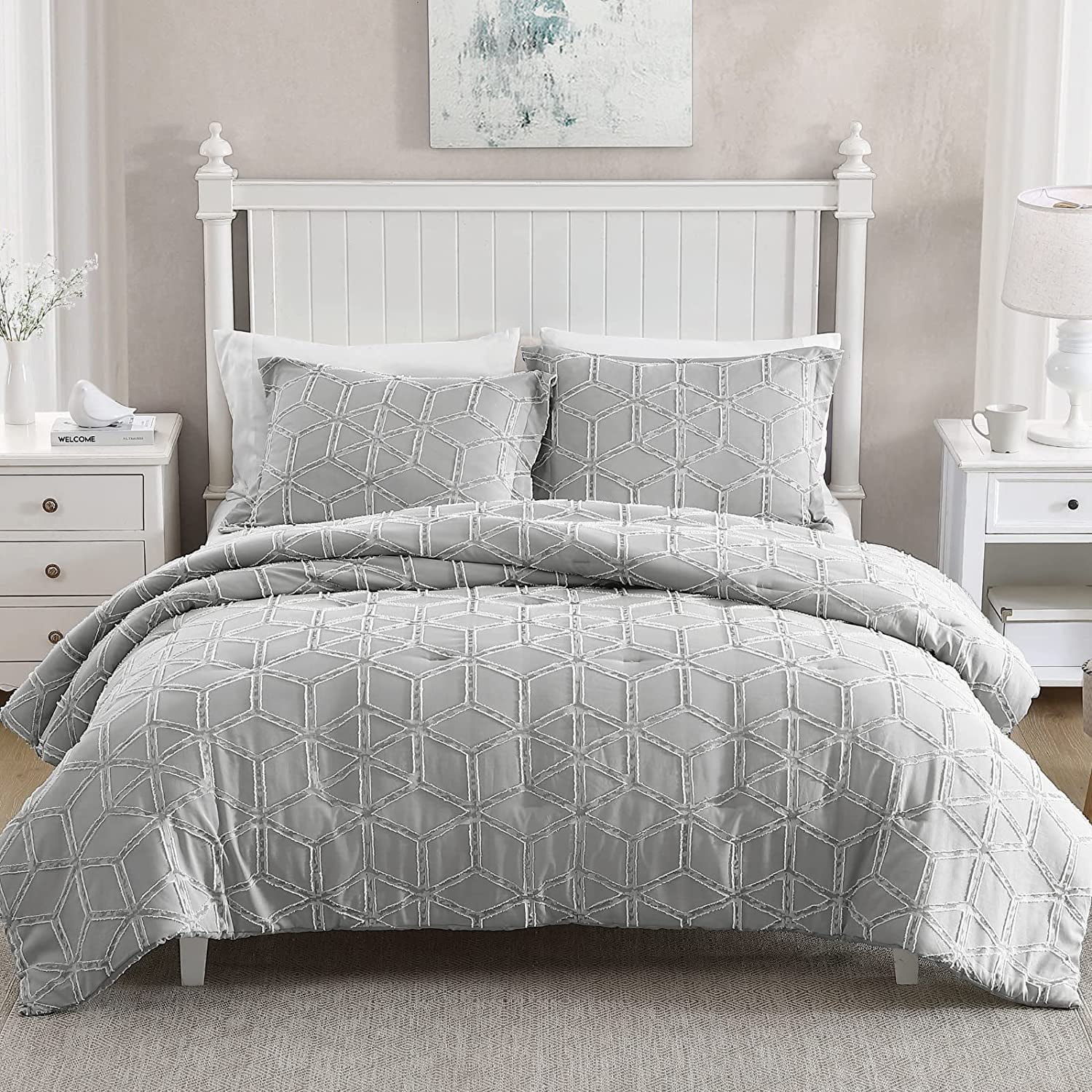Walensee King Clipped Jacquard Diamond Comforter Set, 3 Pieces Bed