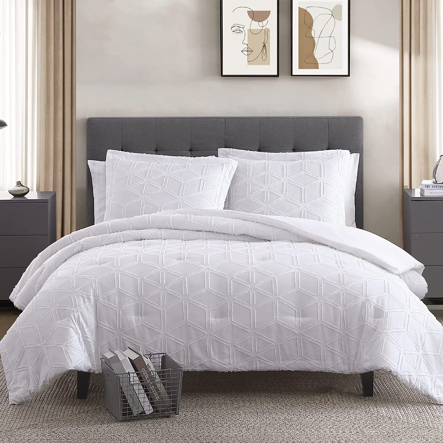 Walensee King Clipped Jacquard Diamond Comforter Set, 3 Pieces Bed Comforters, 104"x90", White
