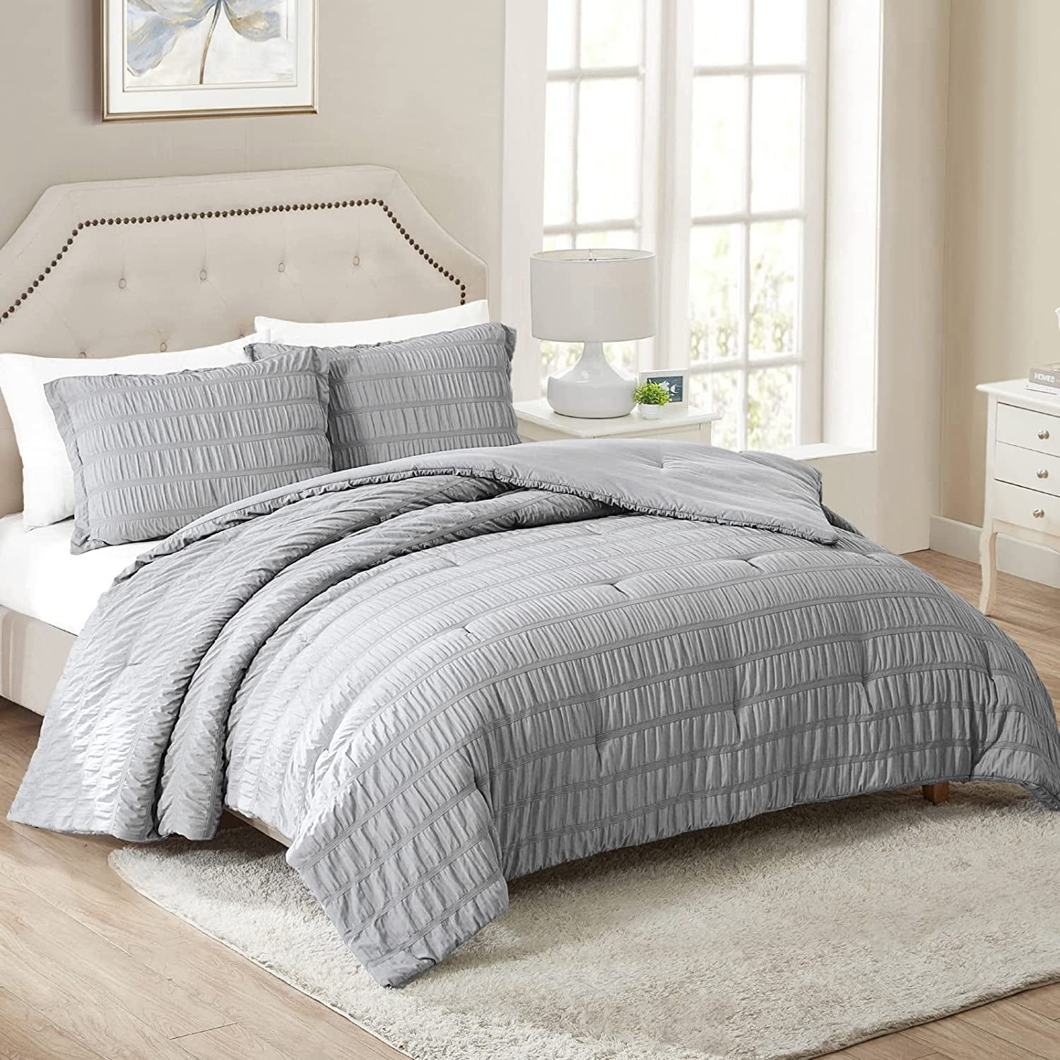 Walensee King Seersucker Comforter Set, 3 Pieces Bed Comforters, 104