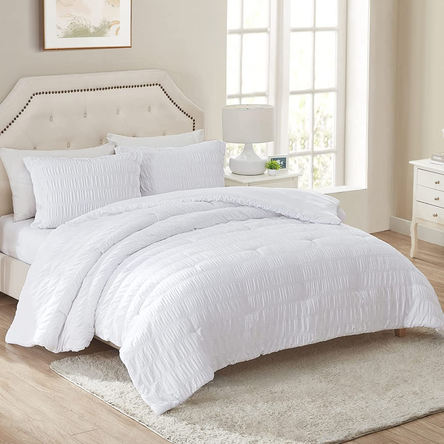 Walensee King Seersucker Comforter Set, 3 Pieces Bed Comforters, 104