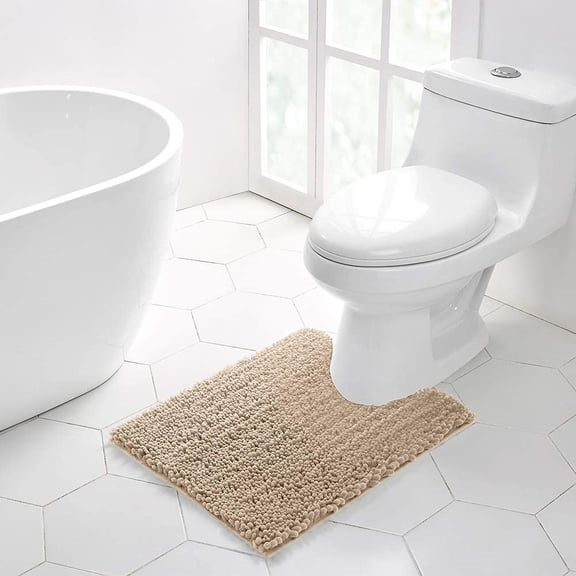 Walensee Non-Slip Bathroom Contour Rugs Chenille Soft Striped Plush Bath Mat, 20" x 24", Beige