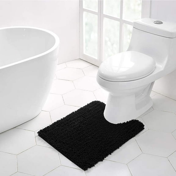 Walensee Non-Slip Bathroom Contour Rugs Chenille Soft Striped Plush Bath Mat, 20" x 24", Black