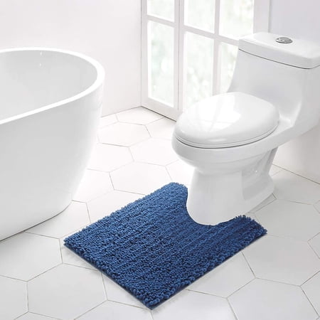 Walensee Non-Slip Bathroom Contour Rugs Chenille Soft Striped Plush Bath Mat, 20" x 24", Dark Blue