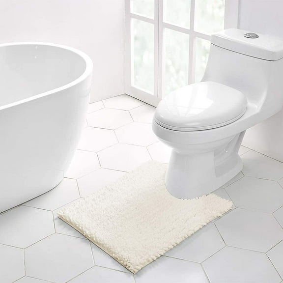 Walensee Non-Slip Bathroom Contour Rugs Chenille Soft Striped Plush Bath Mat, 20" x 24", Ivory