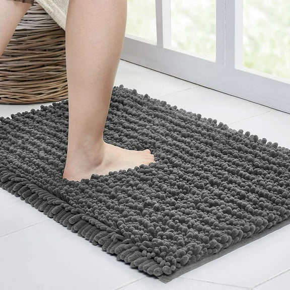 Walensee Non-Slip Bathroom Rugs Chenille Soft Striped Plush Bath Mat, 17" x 24", Grey