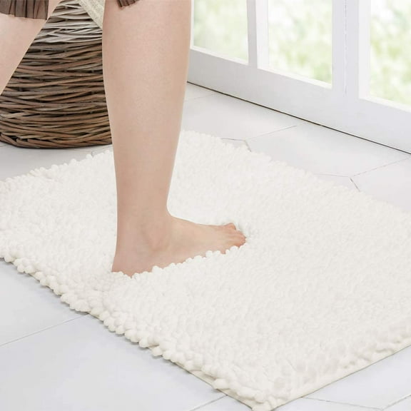 Walensee Non-Slip Bathroom Rugs Chenille Soft Striped Plush Bath Mat, 17" x 24", Ivory