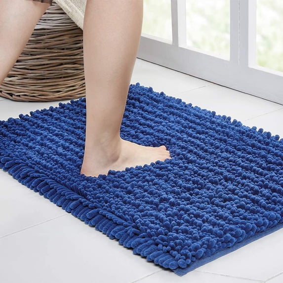 Walensee Non-Slip Bathroom Rugs Chenille Soft Striped Plush Bath Mat, 20" x 32", Dark Blue