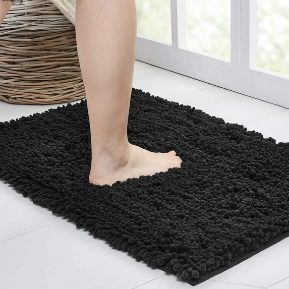 Walensee Non-Slip Bathroom Rugs Chenille Soft Striped Plush Bath Mat, 24" x 44", Black