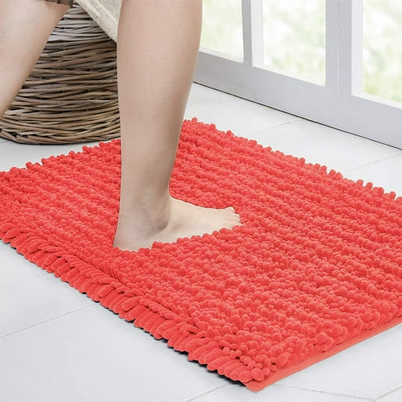 Walensee Non-Slip Bathroom Rugs Chenille Soft Striped Plush Bath Mat, 24" x 44", Coral