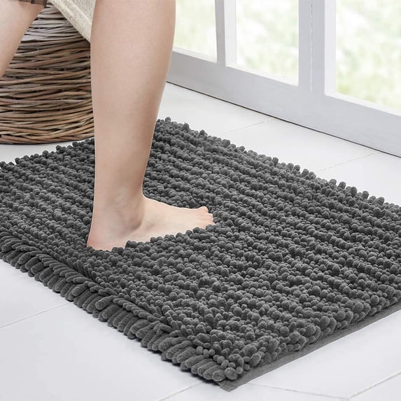 Walensee Non-Slip Bathroom Rugs Chenille Soft Striped Plush Bath Mat, 24" x 44", Grey