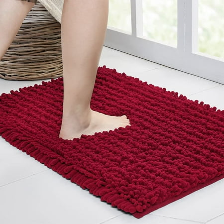 Walensee Non-Slip Bathroom Rugs Chenille Soft Striped Plush Bath Mat, 24" x 44", Red