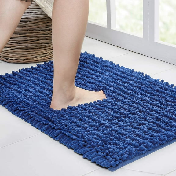 Walensee Solid Dark Blue Chenille Bath Rug, 17" x 24", Non-Slip