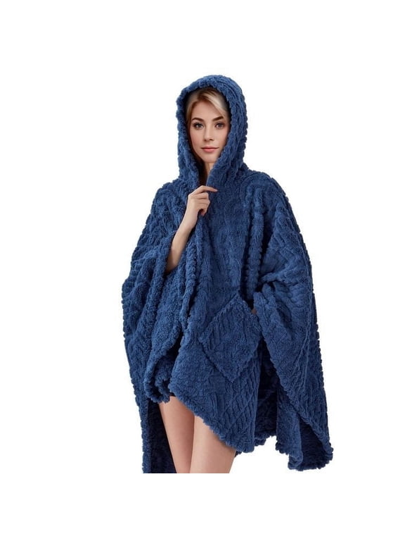 Wearable Blanket Hoodie Sherpa Fleece Blanket Navy, Fuzzy Super Soft Plush Hooded Shawl TV Throw Blanket with Pockets, Fluffy Warm Cozy Cape Wrap for Women Adults (Dark Blue, 59” x 63”)