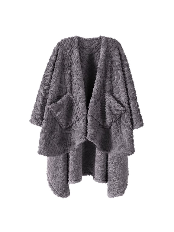 Wearable Blanket Sherpa Fleece Blanket, Fuzzy Super Soft Plush Shawl TV Throw Blanket with Pockets, Fluffy Warm Cozy Cape Wrap for Women Adults (Dark Grey, 59” x 63”)