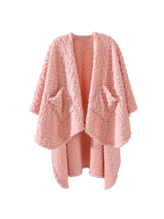 Wearable Blanket Sherpa Fleece Blanket, Fuzzy Super Soft Plush Shawl TV Throw Blanket with Pockets, Fluffy Warm Cozy Cape Wrap for Women Adults (Pink, 59” x 63”)