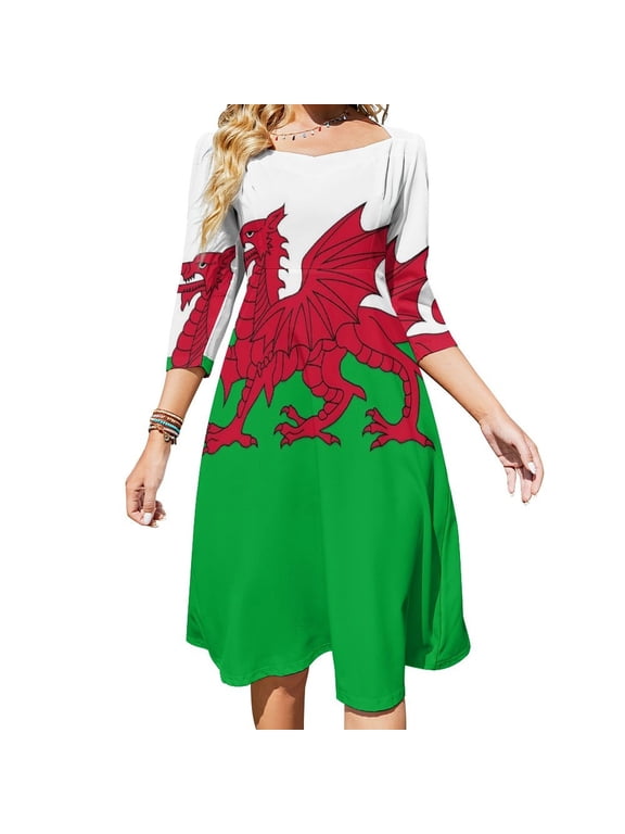 Wales Flag Women's 3/4 Sleeve Dresses Elegant A-Line Midi Dress Flare Summer Casual Sundress