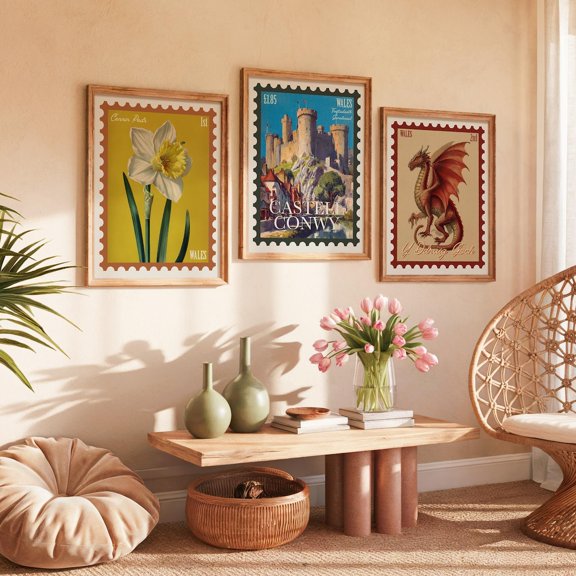 Wales Stamp Posters Set, Conwy Castle, Daffodil, Welsh Dragon, Retro Celtic Wall Art, Poster Only