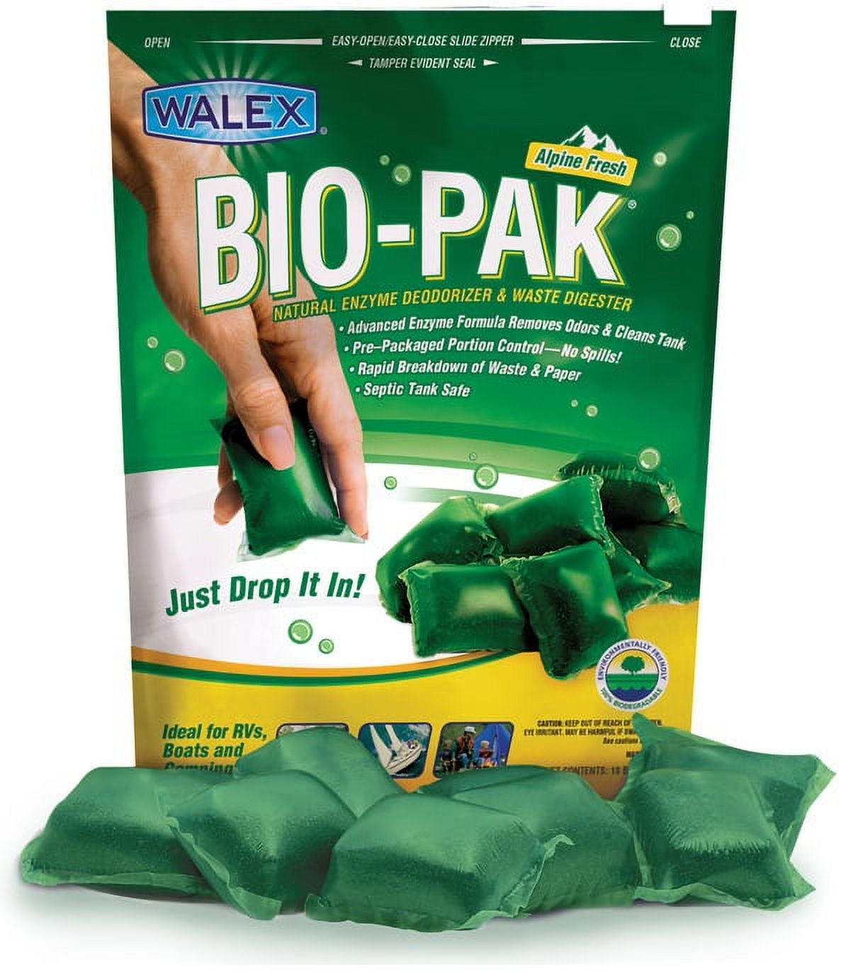 Walex Bio-Pak Holding Tank Deodorizer/Digester for RV Holding Tanks Green Alpine Scent Large Drop-In