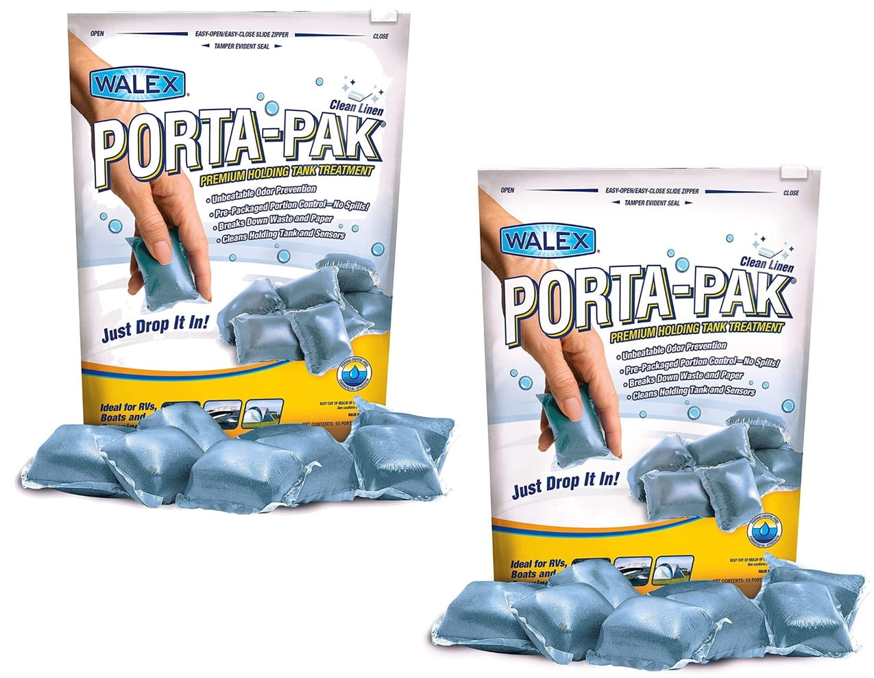 Walex PPRV10CLEAN, Porta-Pak Waste Holding Tank Treatment Clean Linen Scent Bag Of 10 Treatments, Pack Of 2 Bags