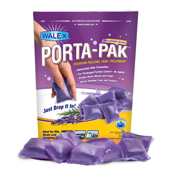 Walex Porta-Pak Premium RV Toilet Treatment Drop-Ins, Treats Black Holding Tank, 10-Pack, Lavender