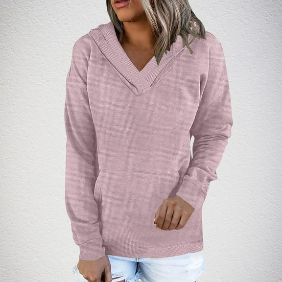 Walf Check Sweatshirts for Women Long Sleeves V Neck Womens Hoodies Side Pockets Pull-up Casual Sweatshirts Trendy Jackets Cozy Outfits Daily Essentials