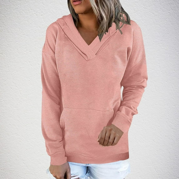 Walf Check Sweatshirts for Women Long Sleeves V Neck Womens Hoodies Side Pockets Pull-up Casual Sweatshirts Trendy Jackets Cozy Outfits Daily Essentials