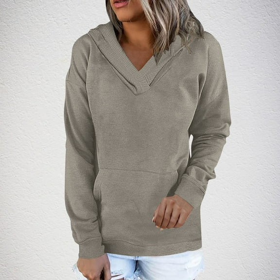 Walf Check Sweatshirts for Women Long Sleeves V Neck Womens Hoodies Side Pockets Pull-up Casual Sweatshirts Trendy Jackets Cozy Outfits Daily Essentials
