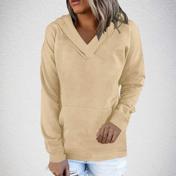 Walf Check Sweatshirts for Women Long Sleeves V Neck Womens Hoodies Side Pockets Pull-up Casual Sweatshirts Trendy Jackets Cozy Outfits Daily Essentials