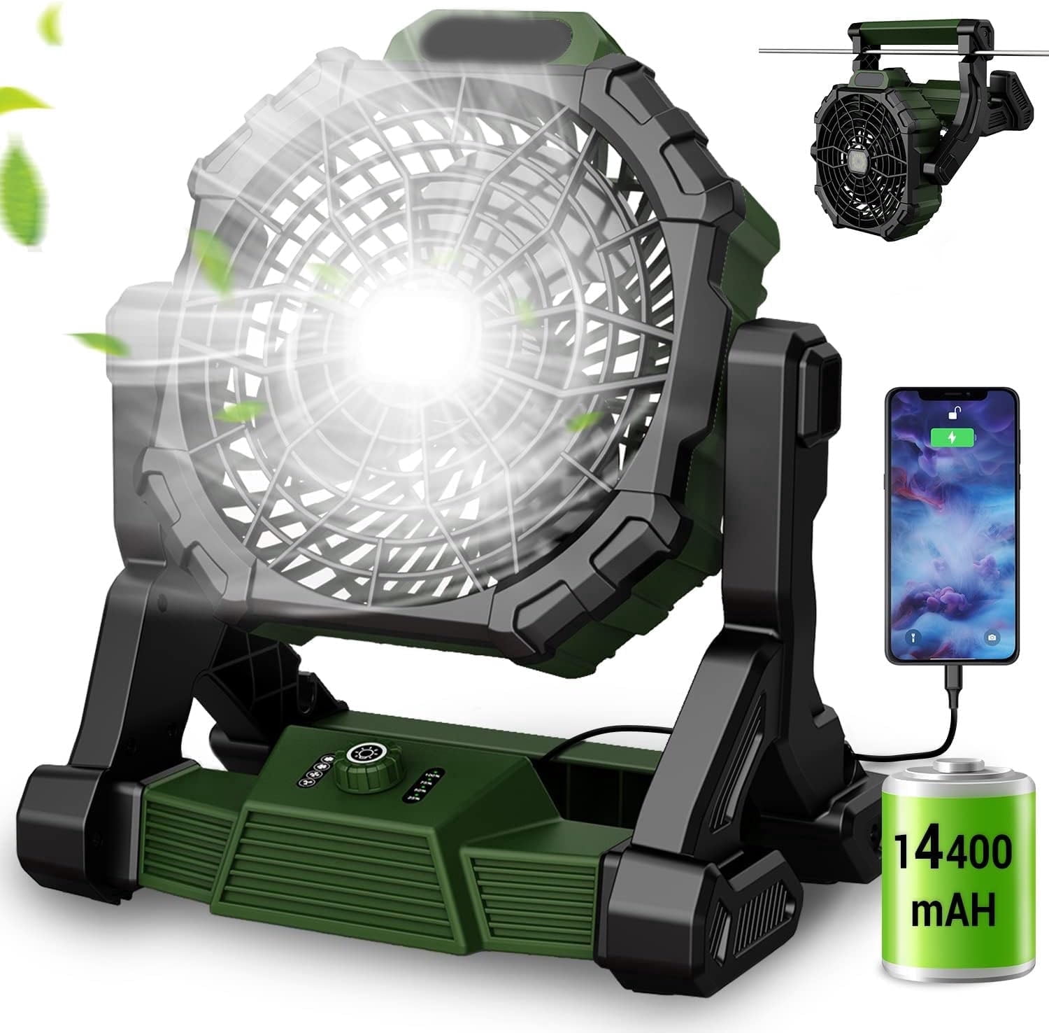16-Inch Camping Fan, 20000mAh Rechargeable Battery  Operated Fan with LED Light, 16H Runtime, 3 Speeds, 3 Timers, 240 Pivot for  Tent Outdoor Picnic Barbecue Fishing
