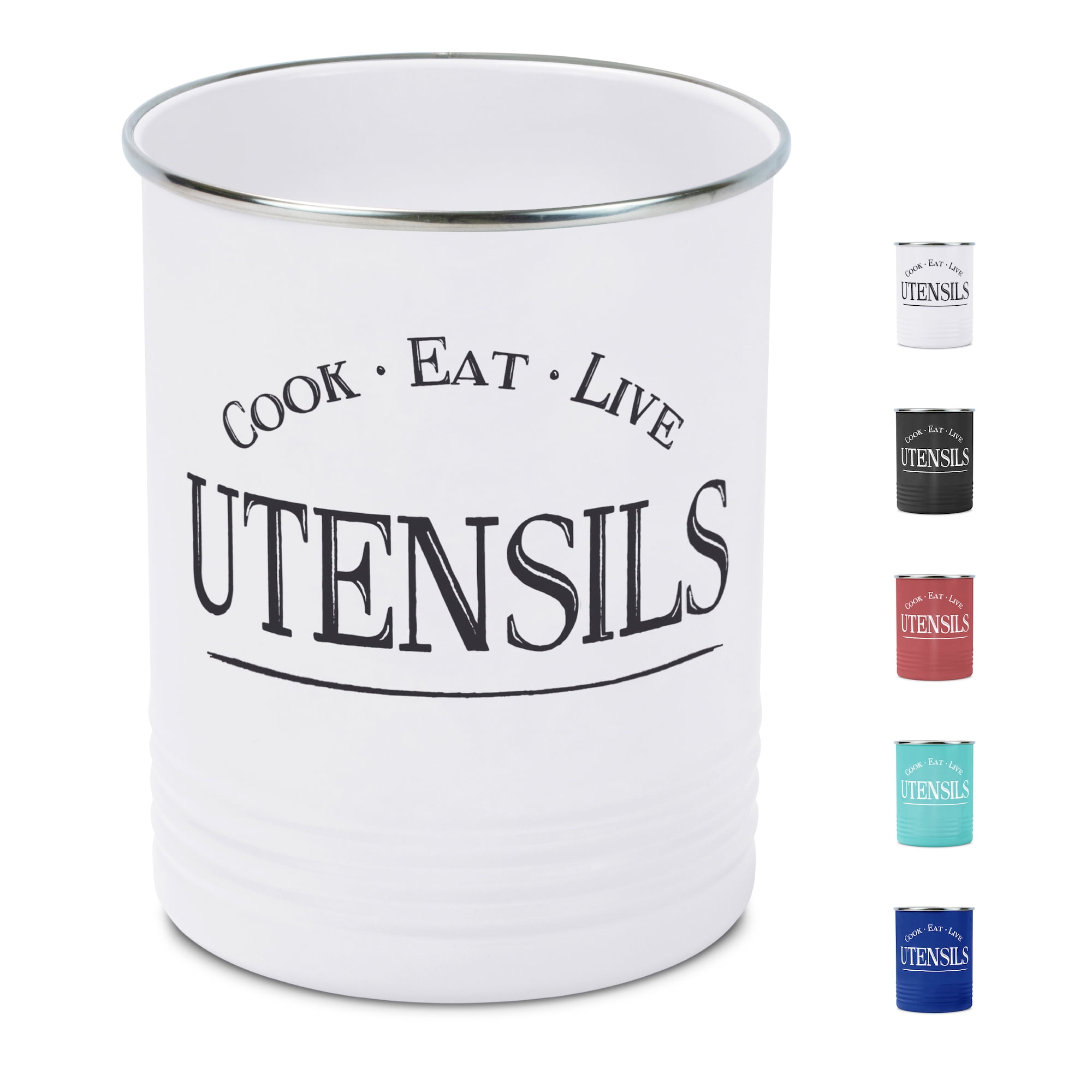 White Steel Farmhouse Kitchen Utensil Holder Crock