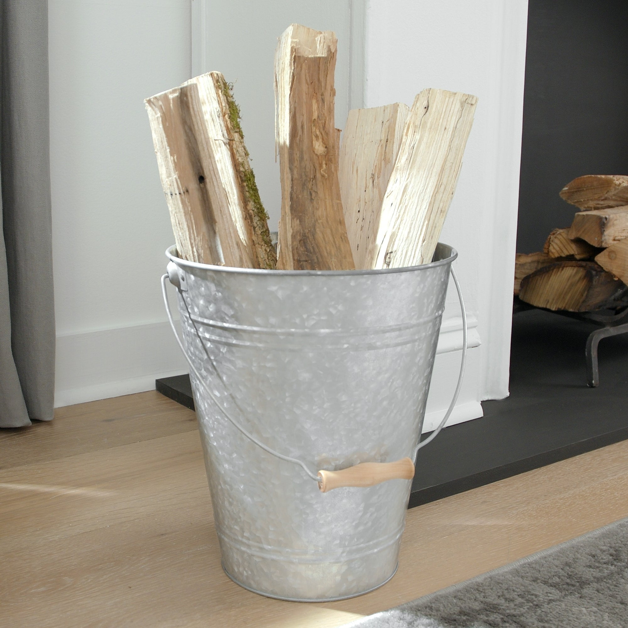 Silver Galvanized Metal Bathroom Trash Can with Wooden Handle
