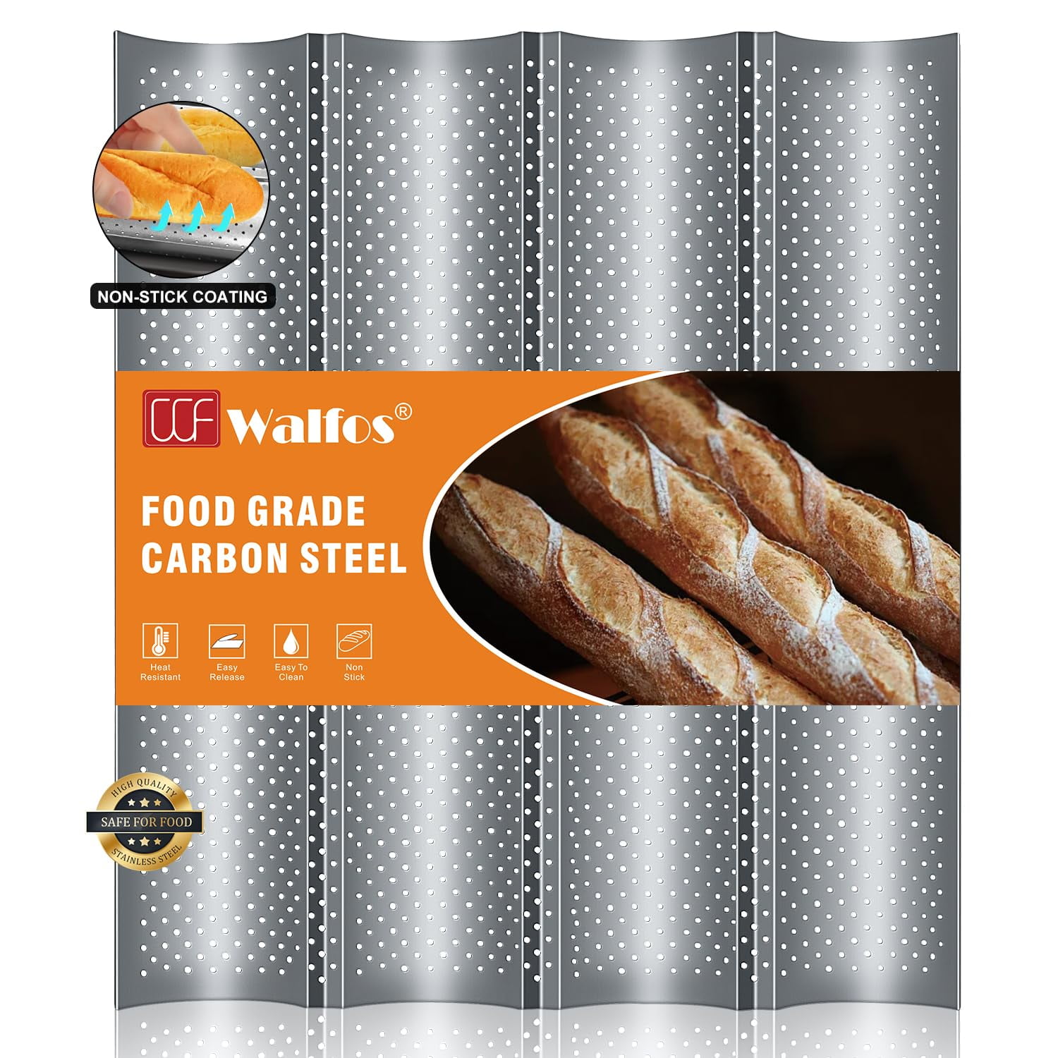 Walfos Baguette Pan for Baking, Non-Stick Baguette Bread Pan, Heat Resistant Perforated 4 Loaves French Bread Baking Mold, 15" x 13"