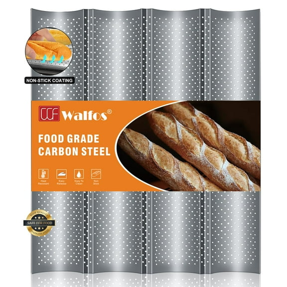 Walfos Baguette Pan for Baking, Non-Stick Baguette Bread Pan, Heat Resistant Perforated 4 Loaves French Bread Baking Mold, 15" x 13"