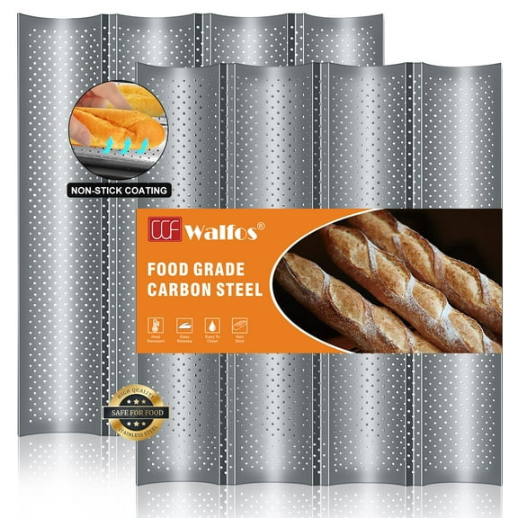 Walfos Baguette Pan for Baking, Non-Stick Baguette Bread Pan, Heat Resistant Perforated 4 Loaves French Bread Baking Mold, 2 Pack, 15" x 13"