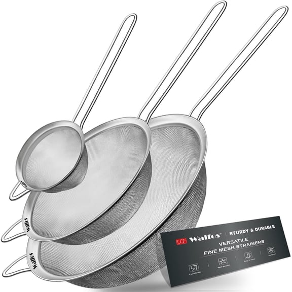 Walfos Fine Mesh Strainer Set of 3, Stainless Steel Wire Strainers for Kitchen, Multipurpose Metal Sieve with Handle, Perfect Food, Rice, Quinoa, 2.7", 4.6", 7"