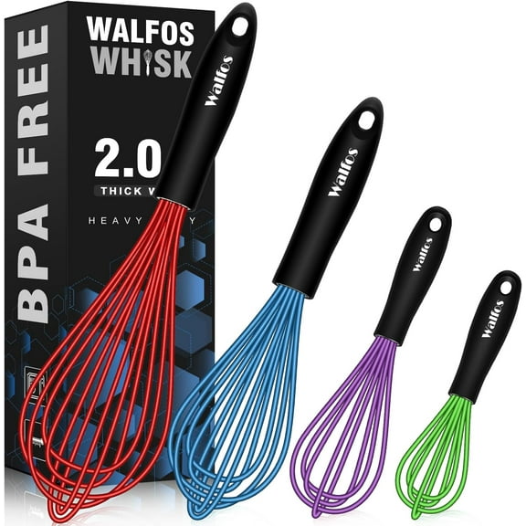 Walfos Heat Resistant Non-Scratch Silicone Kitchen Whisks, 4 per pack