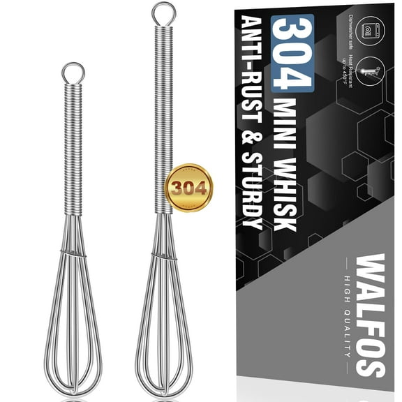 Walfos Mini Whisks Stainless Steel, Small Whisk 2 Pieces, 5in and 7in for Beating, Blending Ingredients, Mixing Sauces